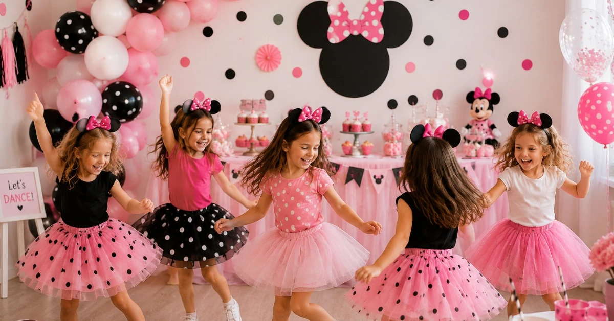 Široký záber na päť malých dievčat, ktoré sa smejú a tancujú na narodeninovej oslave. Všetky majú na hlave Minnie Mouse čelenky a na sebe tričká a tylové sukne (štyri ružové a jedna čierna s bodkami). V pozadí je bohato vyzdobený dezertný stôl s veľkým ružovo-čiernym balónovým oblúkom a siluetou Minnie Mouse na stene.