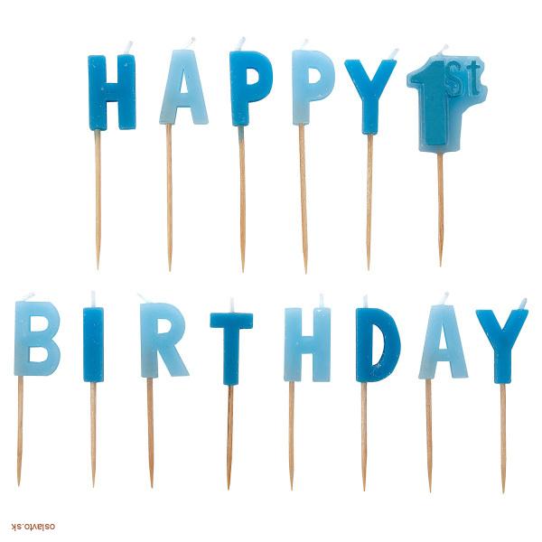 TORTOVÉ SVIEČKY MODRÉ NÁPIS HAPPY 1ST BIRTHDAY 14 KS