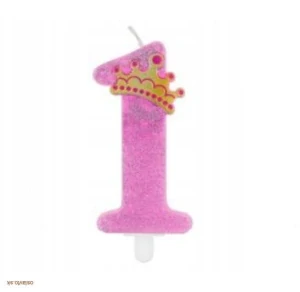  TORTOVÁ SVIEČKA - ČÍSLO 1 / RUŽOVÁ S KORUNKOU / TRBLIETAVÁ