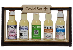 VTIPNÝ DARČEK DREVENÝ COVID SET / 5 X FĽAŠTIČKA S MEDOVINOU