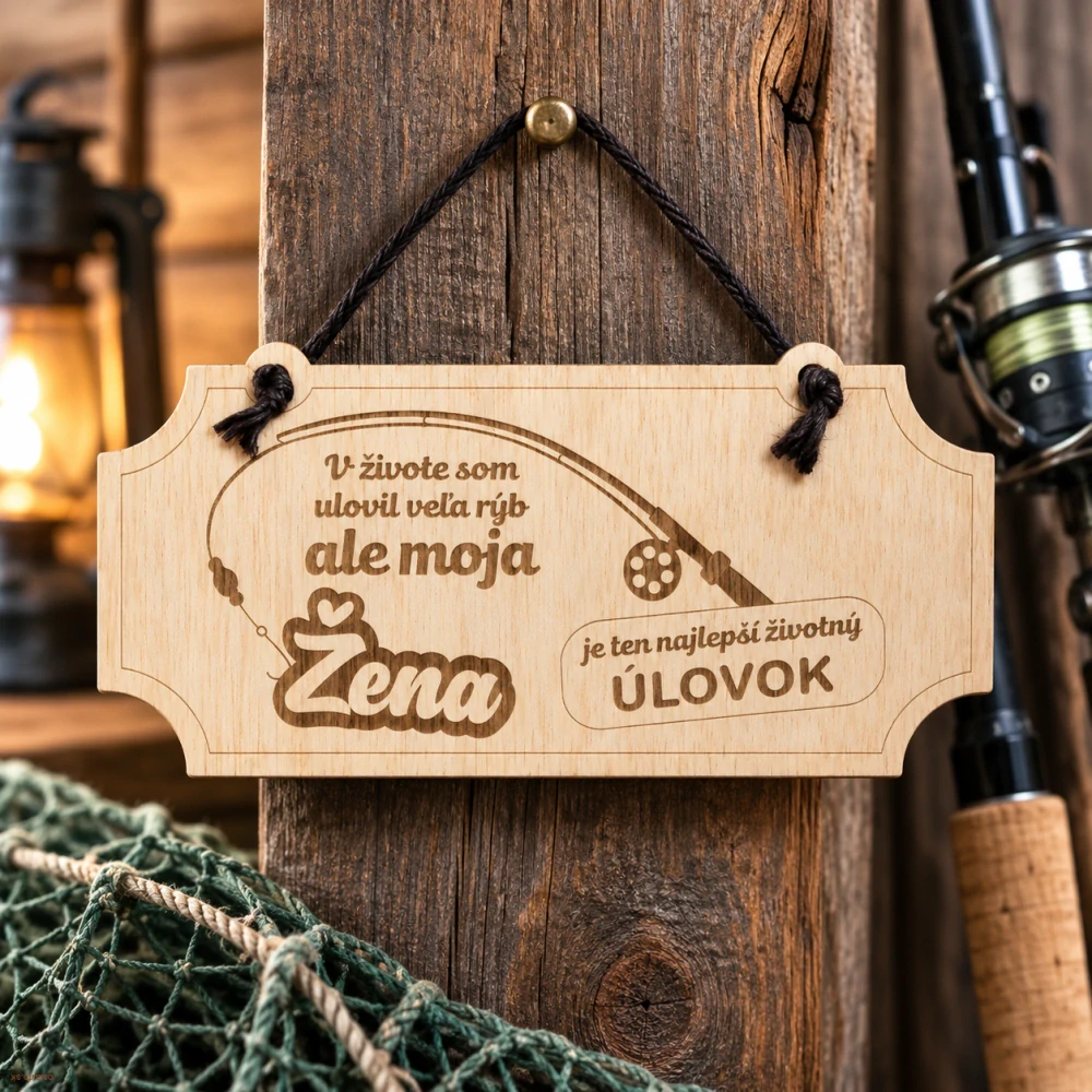 Vtipná drevená tabuľka pre rybára – Najlepší životný úlovok