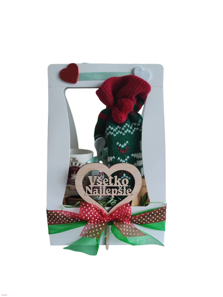 Darčekový box VŠETKO NAJLEPŠIE – víno, šálka, sviečky a drevený lopárik so šťastím