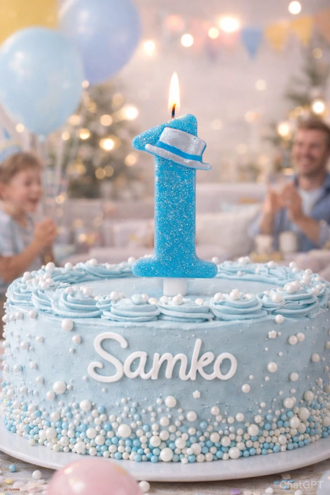  TORTOVÁ SVIEČKA - ČÍSLO 1 / MODRÁ S KLOBÚČIKOM / TRBLIETAVÁ