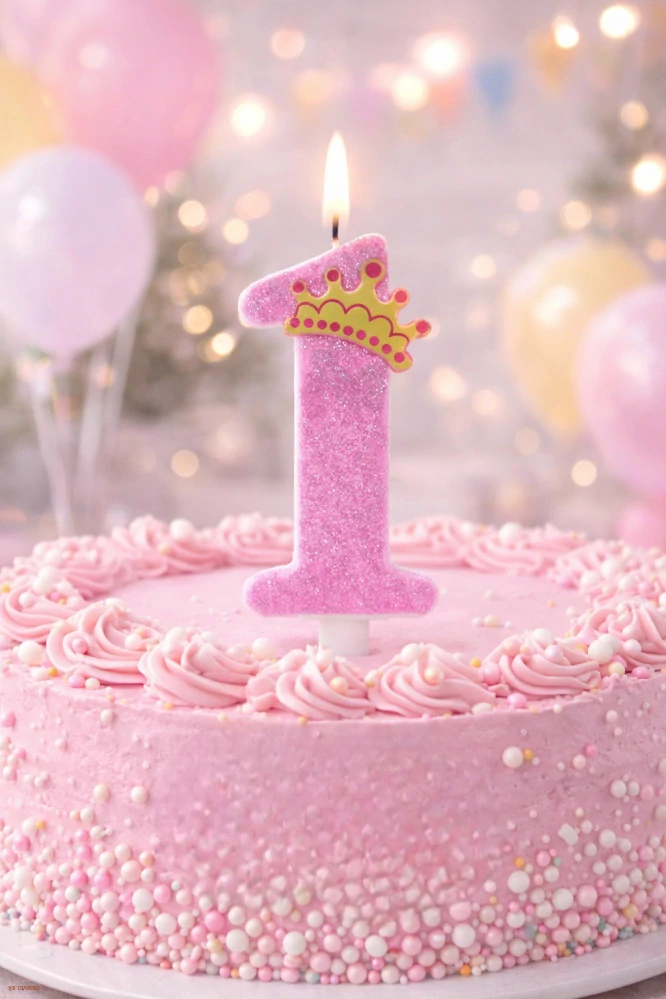  TORTOVÁ SVIEČKA - ČÍSLO 1 / RUŽOVÁ S KORUNKOU / TRBLIETAVÁ