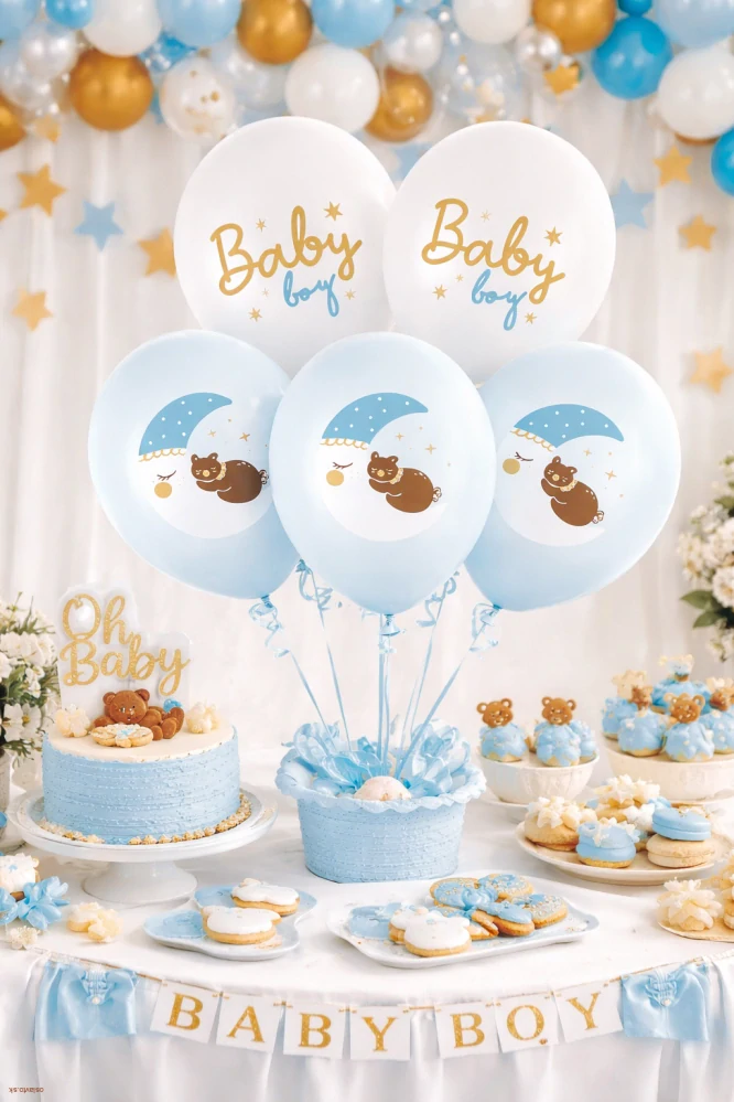 Latexové balóniky Baby Boy – spiaci medvedík, modro-zlaté, 30 cm, 6 ks