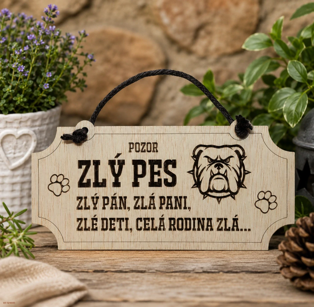 Vtipná drevená tabuľka Pozor zlý pes – originálny darček na dvere alebo bránu
