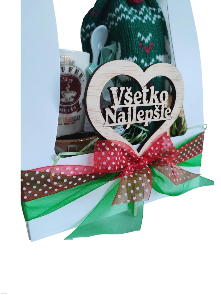 Darčekový box VŠETKO NAJLEPŠIE – víno, šálka, sviečky a drevený lopárik so šťastím