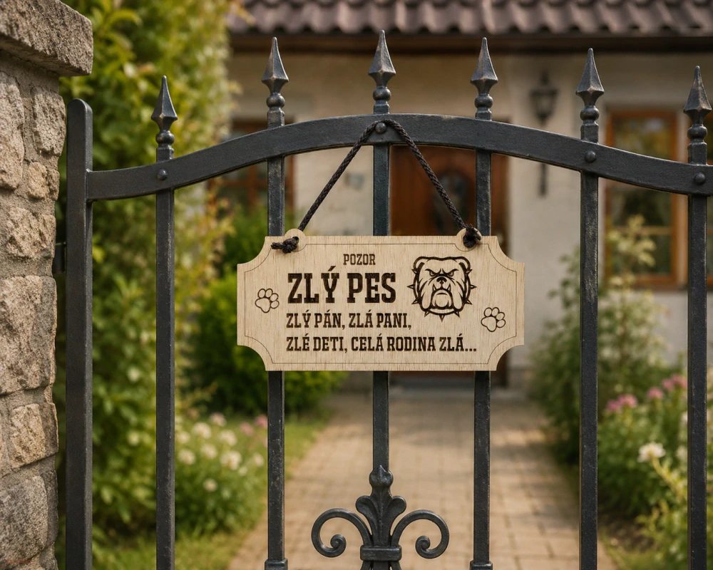 Vtipná drevená tabuľka Pozor zlý pes – originálny darček na dvere alebo bránu