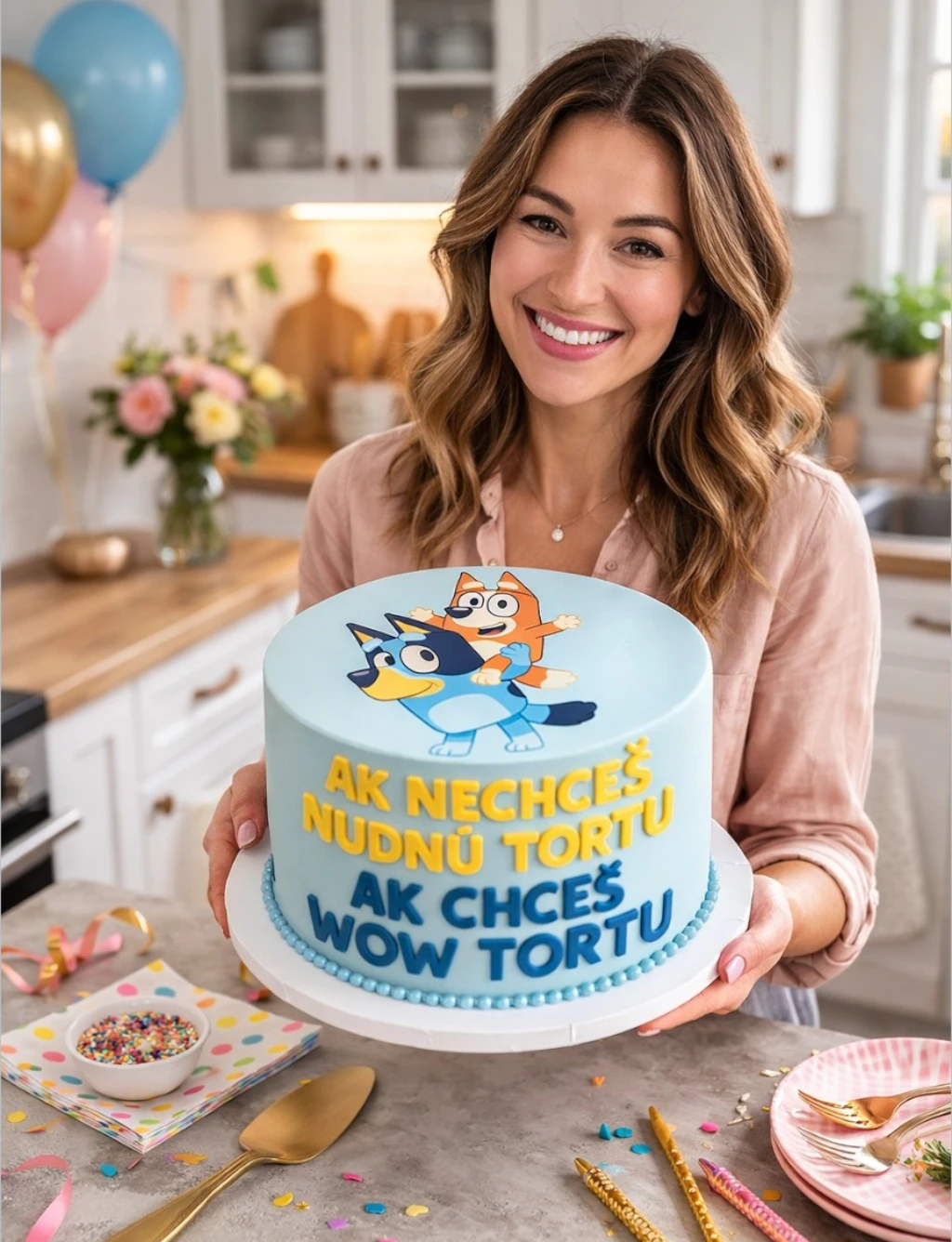 žena drží tortu s jedlým obrázkom na detskej narodeninovej torte