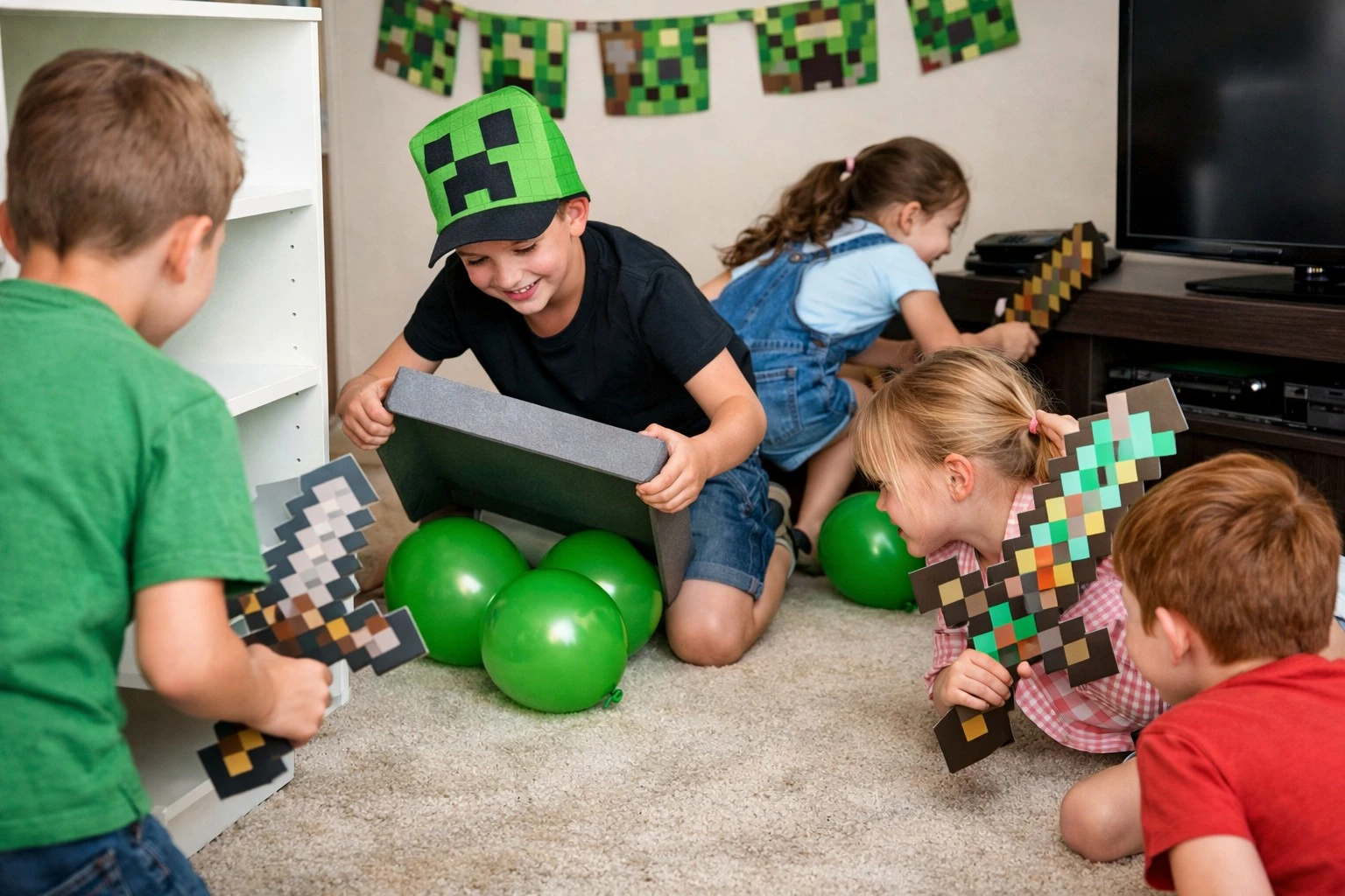 detská hra na minecraft oslave kde deti hľadajú zelené balóny predstavujúce creepera