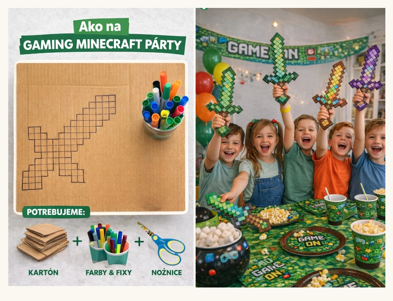 deti si vyrábajú alebo vyfarbujú minecraft meče ako aktivitu na narodeninovej oslave