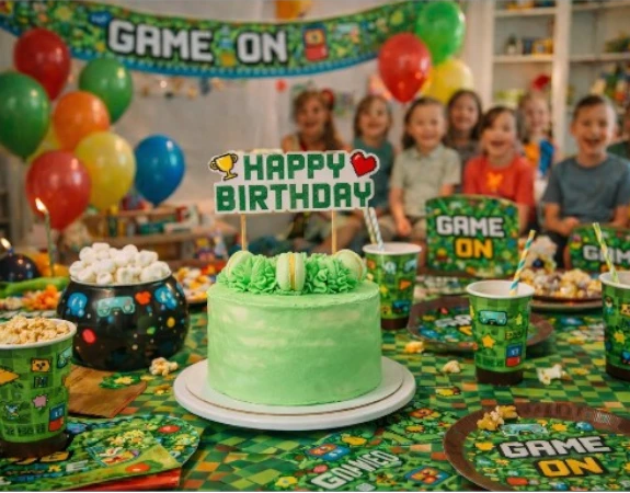 výzdoba stola na detskej oslave v štýle Minecraft s tematickými taniermi, balónmi a dekoráciami