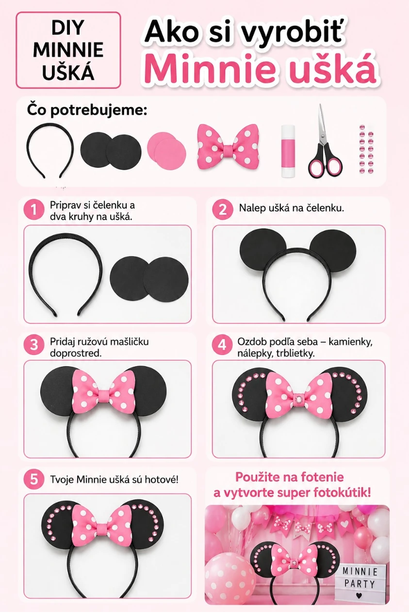 Vlastnoručne pripravená low-cost detská oslava doma, aktivita vytvor si minnie mouse čelenku.